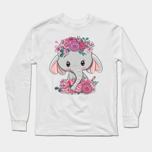 Cute little elephant with flowers on his head. Long Sleeve T-Shirt